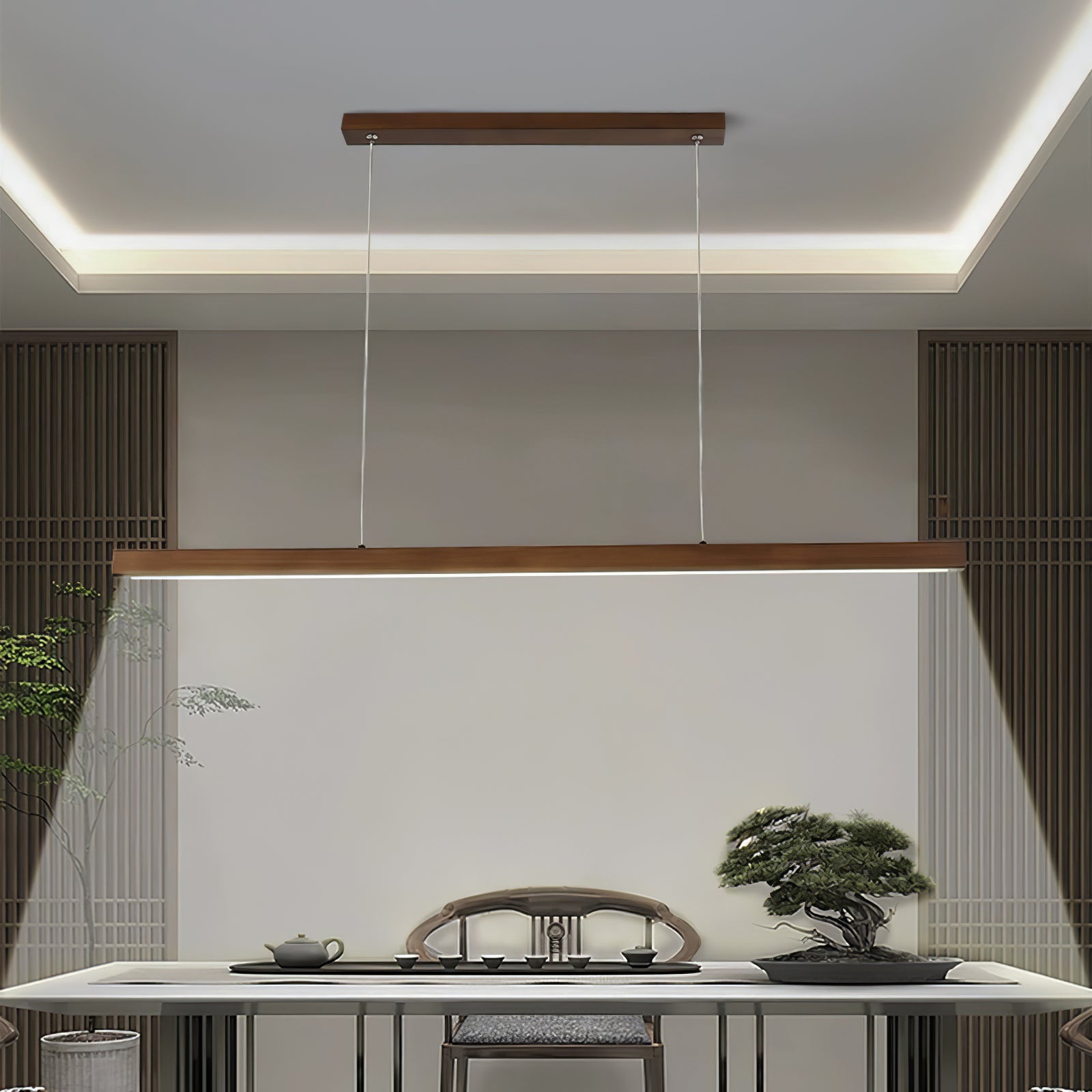 Minimalist Walnut Wood Linear Hanging Light Bar for Office and Dining Area