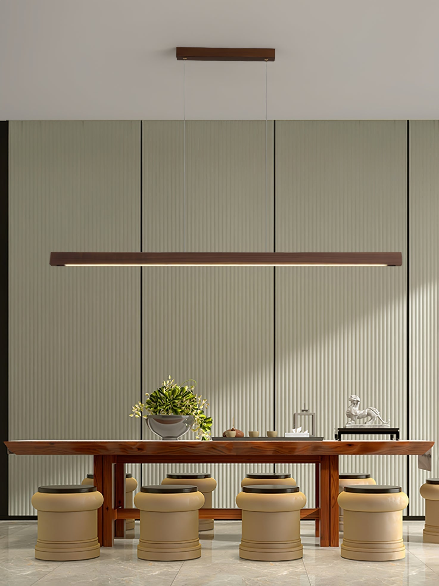 Minimalist Walnut Wood Linear Hanging Light Bar for Office and Dining Area