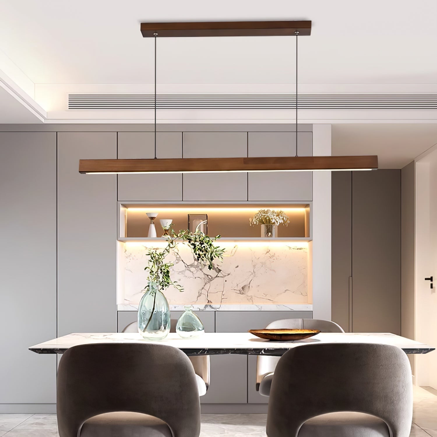 Minimalist Walnut Wood Linear Hanging Light Bar for Office and Dining Area