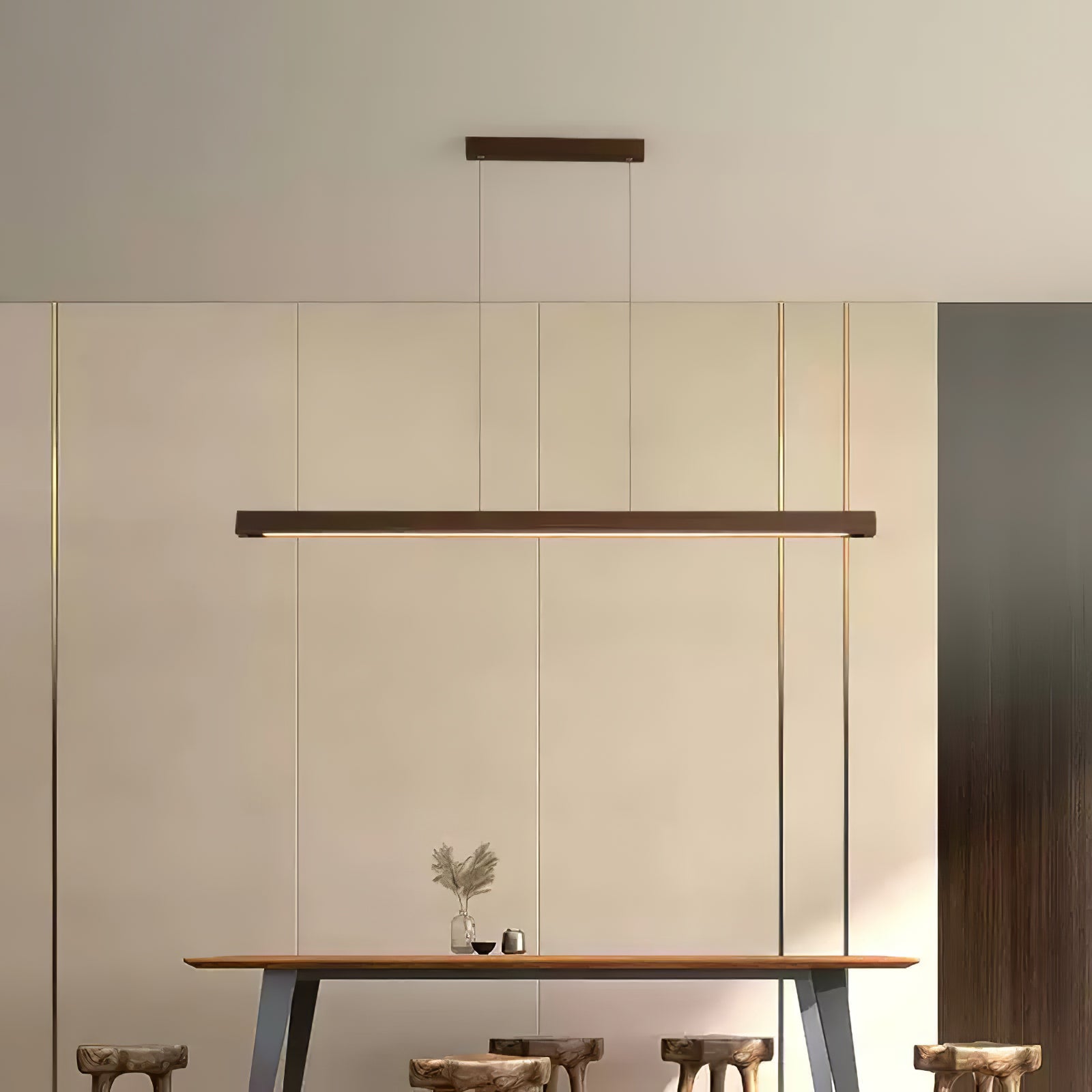 Minimalist Walnut Wood Linear Hanging Light Bar for Office and Dining Area