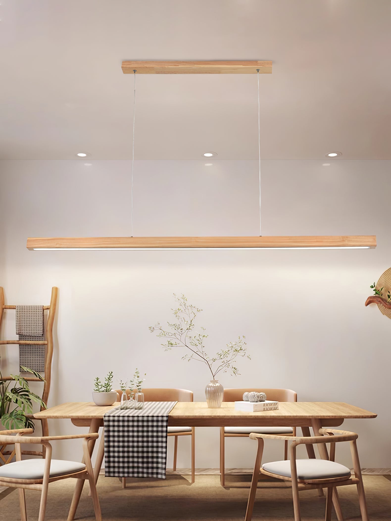 Minimalist Walnut Wood Linear Hanging Light Bar for Office and Dining Area
