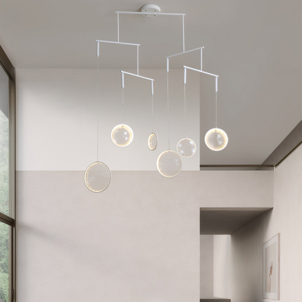 Minimalist White Focus LED Pendant Light Dimmable Ring Chandelier with 3 6 or 9 Lights for High Ceiling