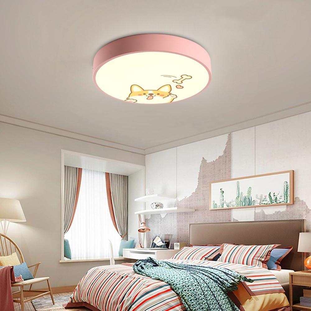 Cute Dog Pattern LED Flush Mount Ceiling Light Circular Metal Drum Fixture for Kids Bedroom