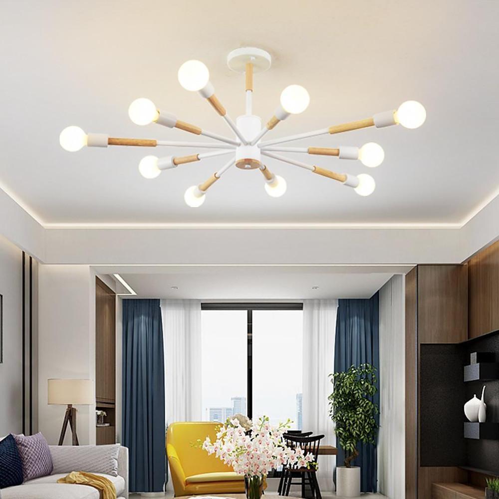 Modern 10 Light Sputnik Flush Mount Ceiling Chandelier Nordic Wood and Metal Fixture