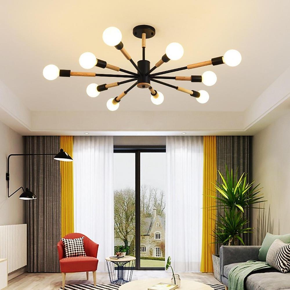 Modern 10 Light Sputnik Flush Mount Ceiling Chandelier Nordic Wood and Metal Fixture