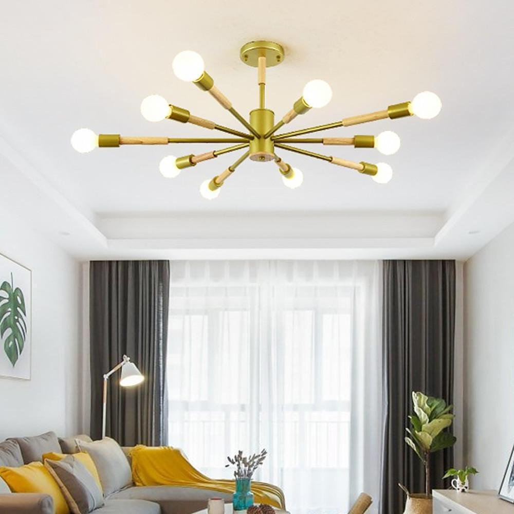 Modern 10 Light Sputnik Flush Mount Ceiling Chandelier Nordic Wood and Metal Fixture