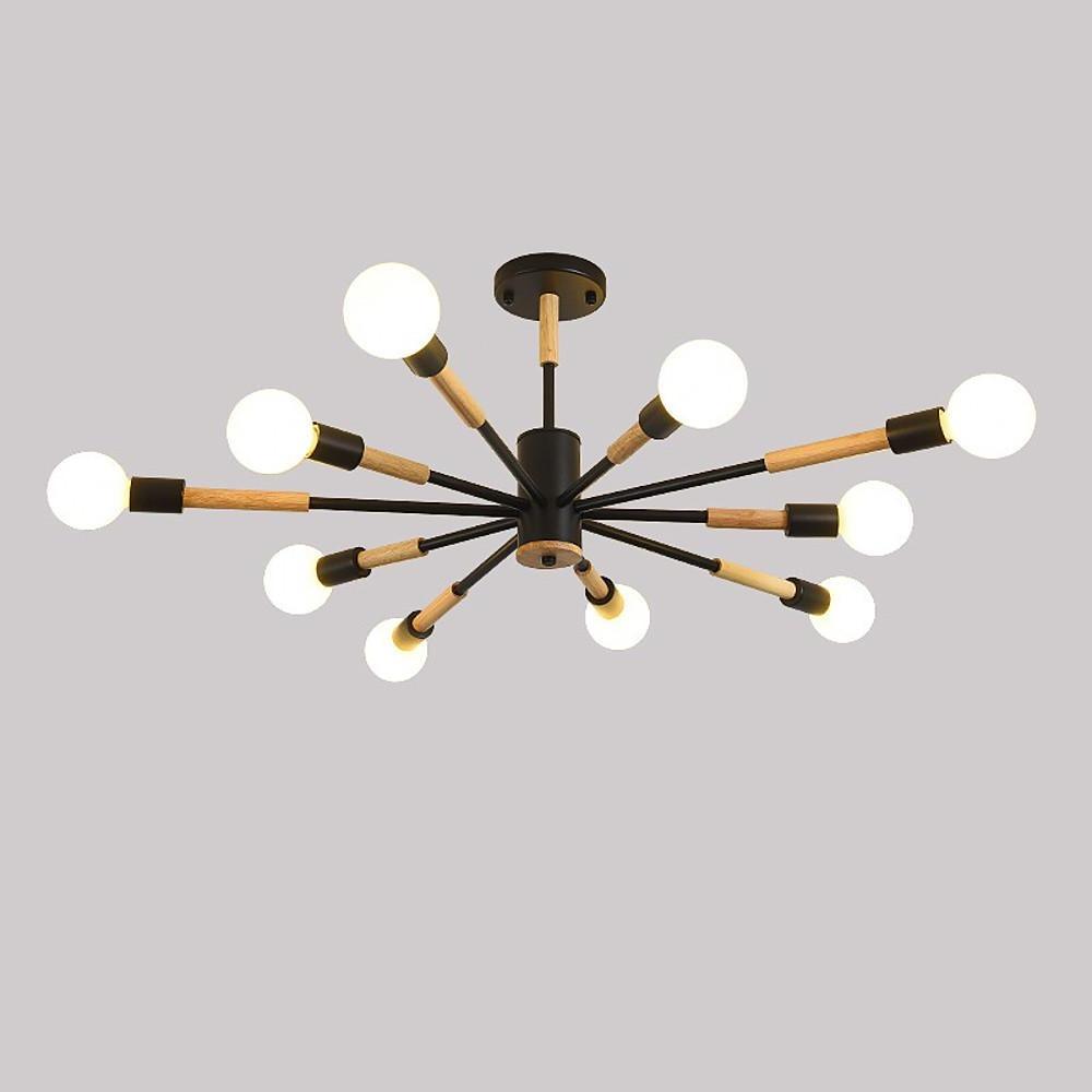 Modern 10 Light Sputnik Flush Mount Ceiling Chandelier Nordic Wood and Metal Fixture