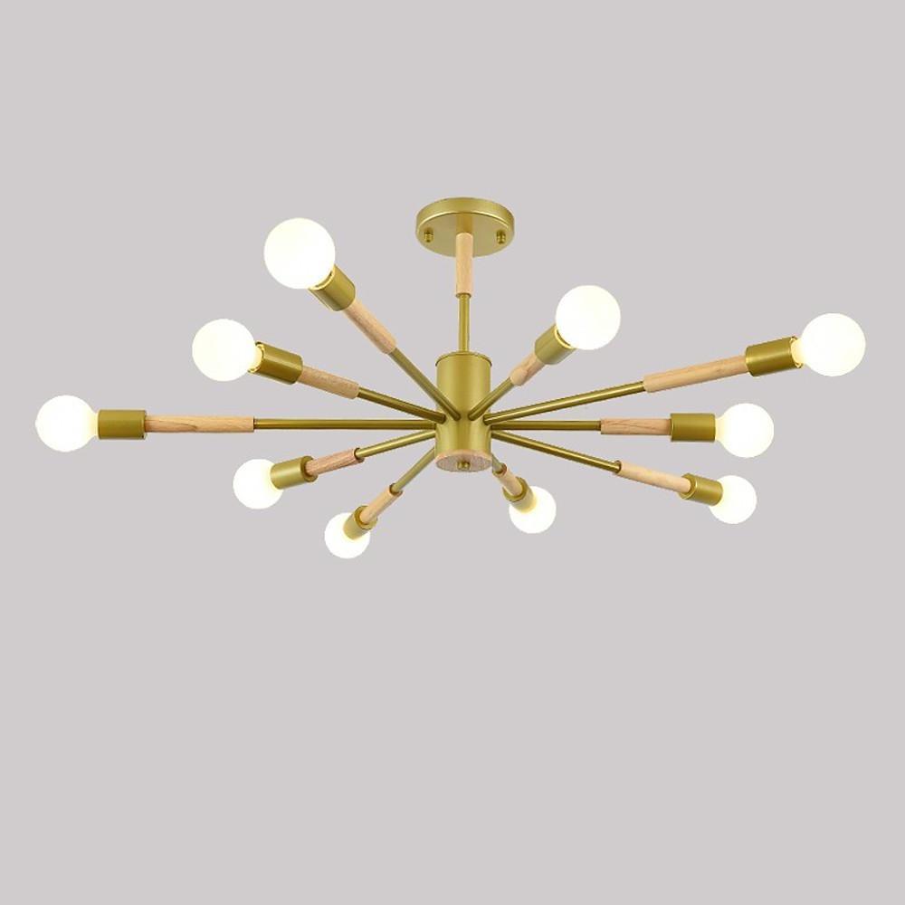 Modern 10 Light Sputnik Flush Mount Ceiling Chandelier Nordic Wood and Metal Fixture