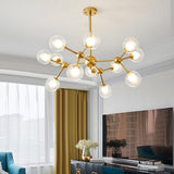 Modern 12 Light Starburst Sputnik Chandelier Gold and Black Glass Semi Flush Mount Ceiling Fixture