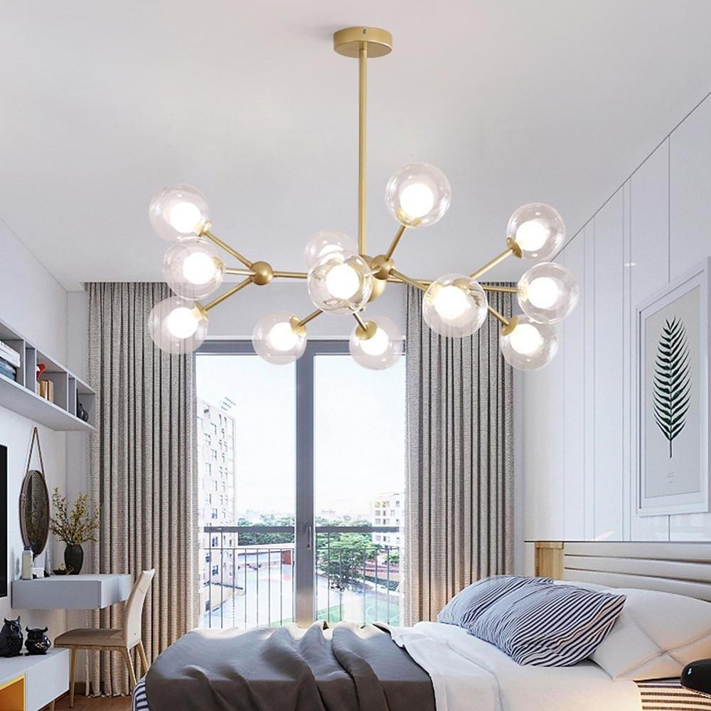 Modern 12 Light Starburst Sputnik Chandelier Gold and Black Glass Semi Flush Mount Ceiling Fixture