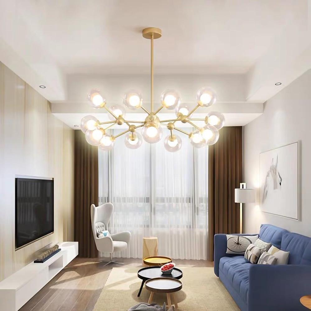 Modern 15 Light Sputnik Cluster Chandelier with Glass Globe Shades for Living Room