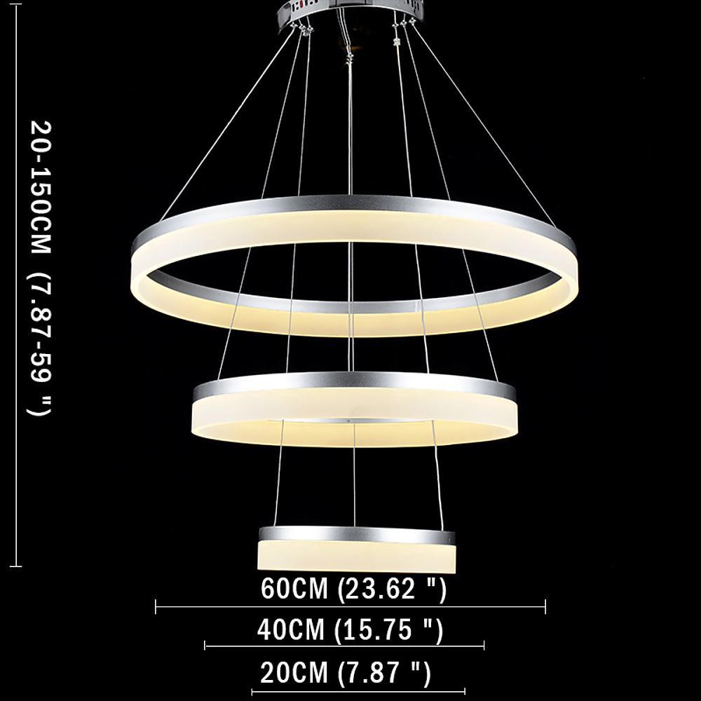 Modern 24 Inch 3 Ring LED Pendant Light Adjustable Metal and Acrylic Chandelier