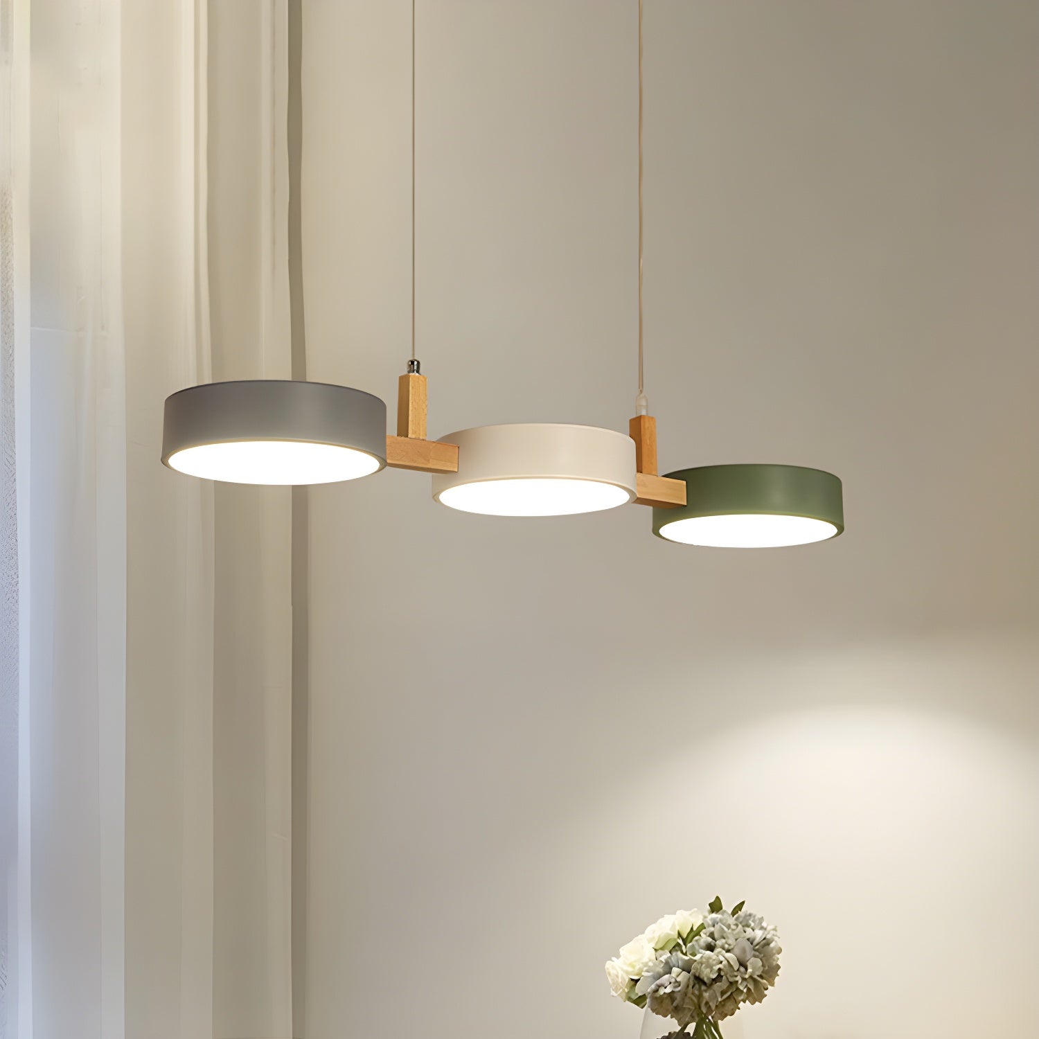 Modern 3 Light Geometric Trio Pendant Lamp with Green White and Grey Circular Shades