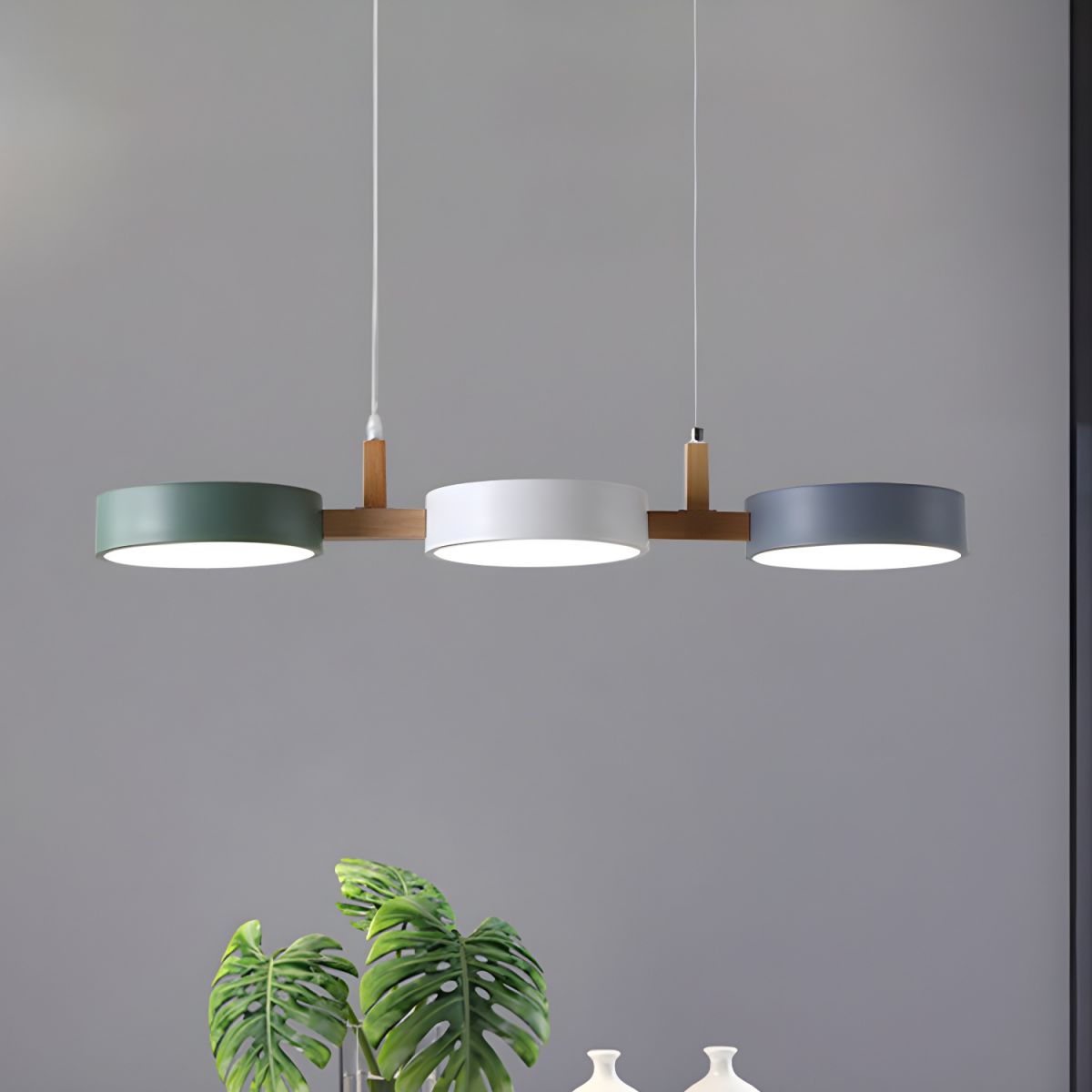 Modern 3 Light Geometric Trio Pendant Lamp with Green White and Grey Circular Shades