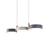 Modern 3 Light Geometric Trio Pendant Lamp with Green White and Grey Circular Shades