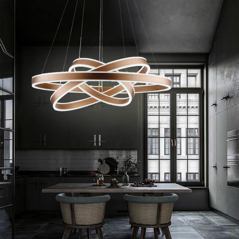 Modern 3 Ring LED Chandelier Adjustable Gold Circle Pendant Light for Foyer and Dining Room