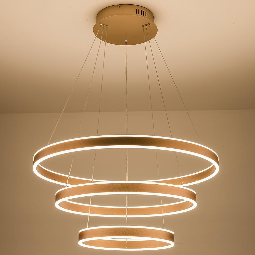 Modern 3 Ring LED Chandelier Adjustable Gold Circle Pendant Light for Foyer and Dining Room