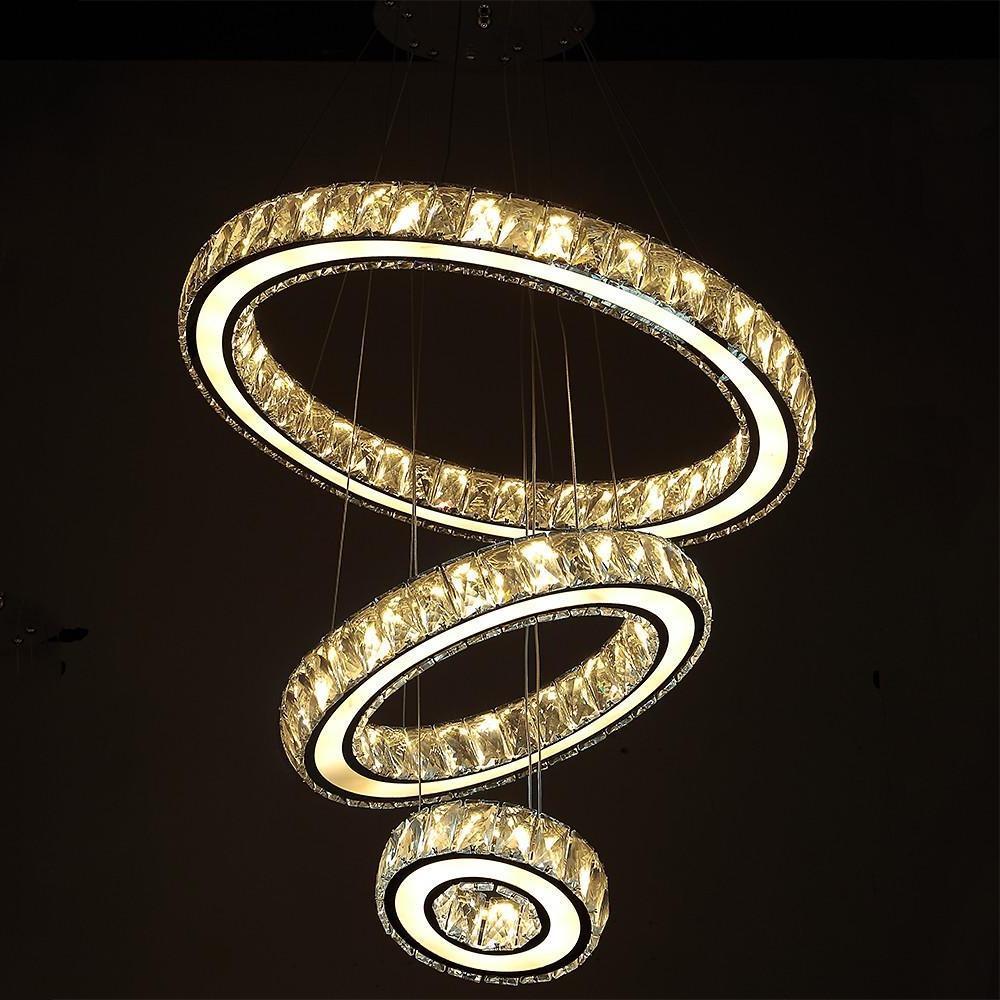 Modern 3 Ring LED Crystal Chandelier Silver Electroplated Pendant Light