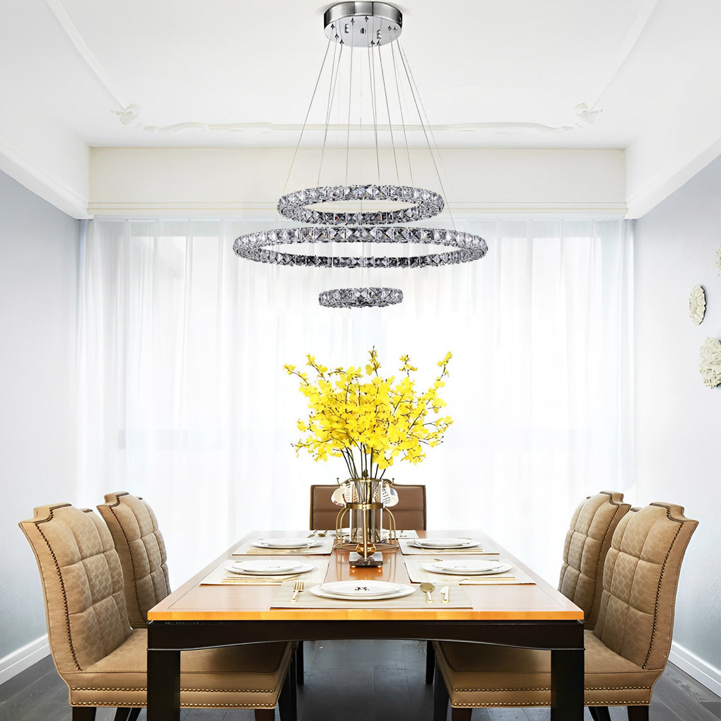Modern 3 Ring Luxury Crystal LED Chandelier Adjustable Geometric Chrome Pendant Light