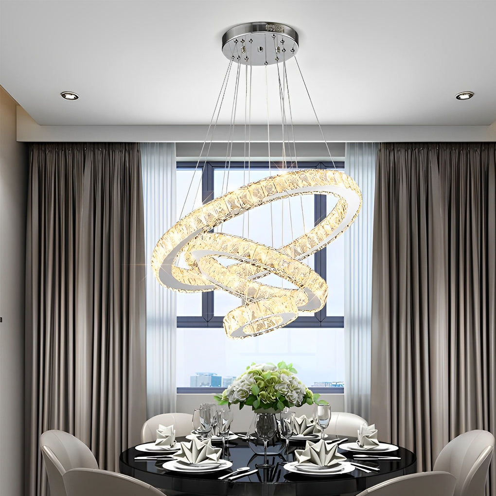 Modern 3 Ring Luxury Crystal LED Chandelier Adjustable Geometric Chrome Pendant Light