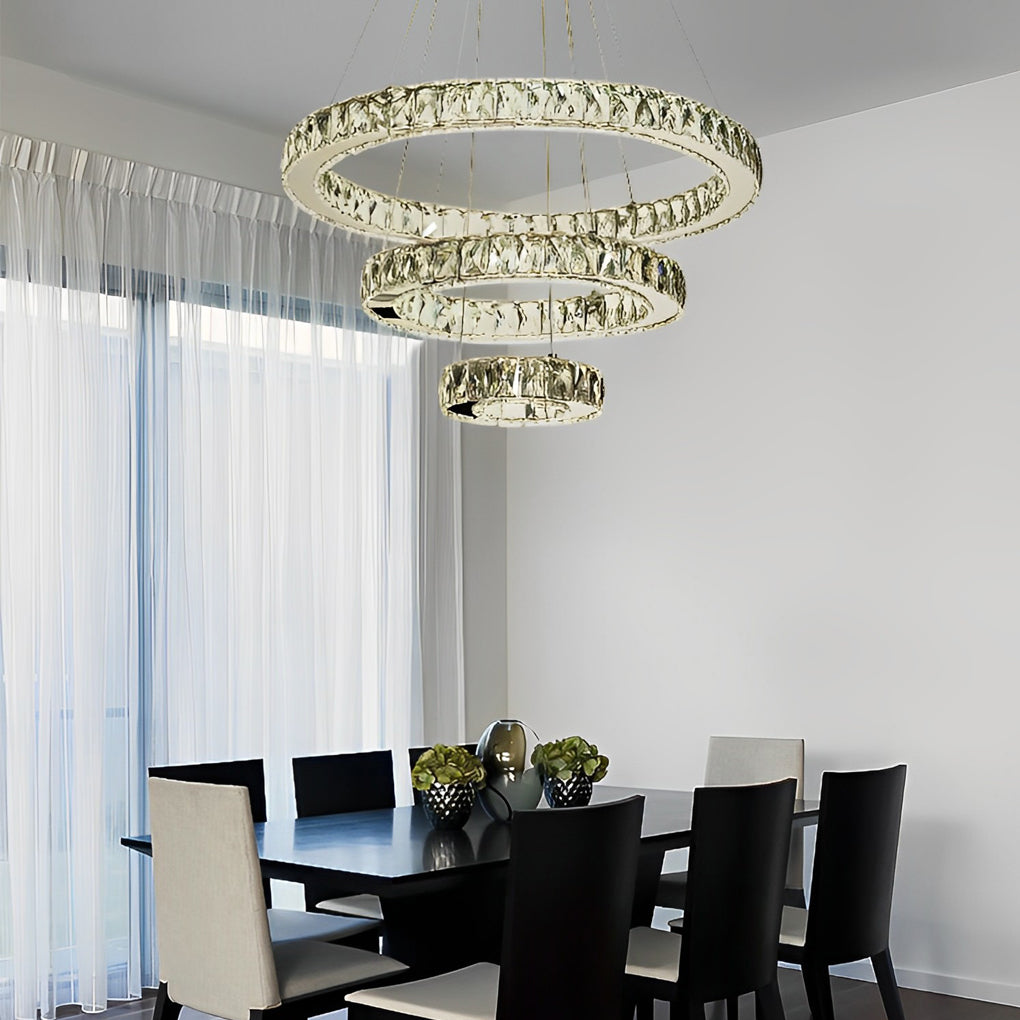 Modern 3 Ring Luxury Crystal LED Chandelier Adjustable Geometric Chrome Pendant Light