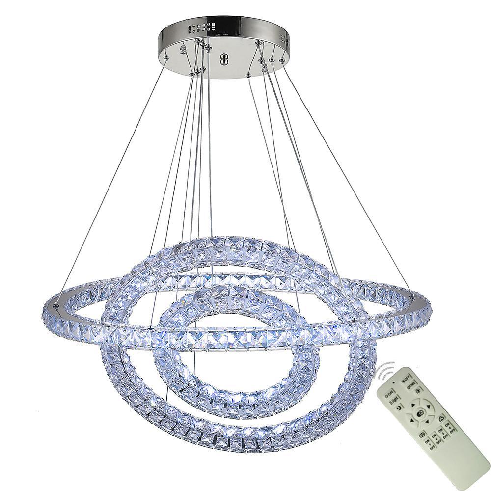 Modern 3 Ring Luxury Crystal LED Chandelier Adjustable Geometric Chrome Pendant Light