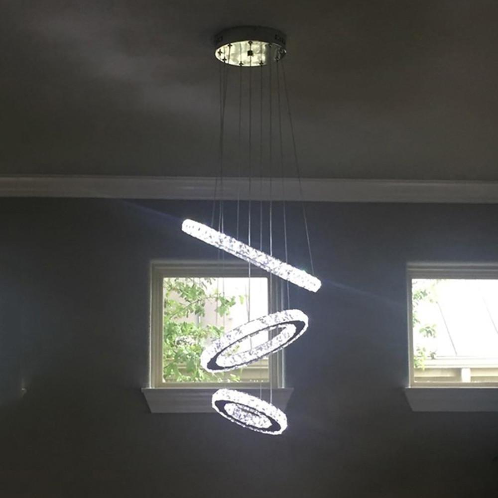 Modern 3 Ring Tiered Crystal LED Chandelier Adjustable Chrome Circle Pendant Light