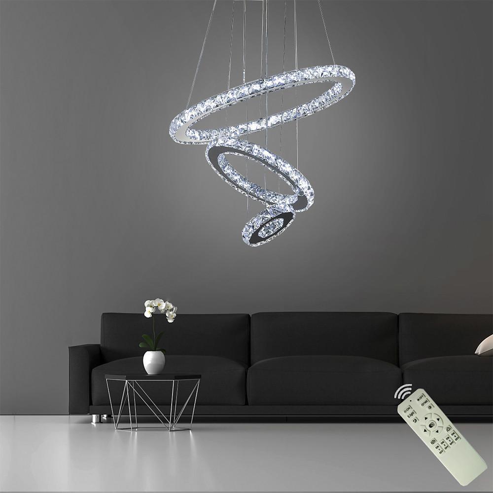 Modern 3 Ring Tiered Crystal LED Chandelier Adjustable Chrome Circle Pendant Light