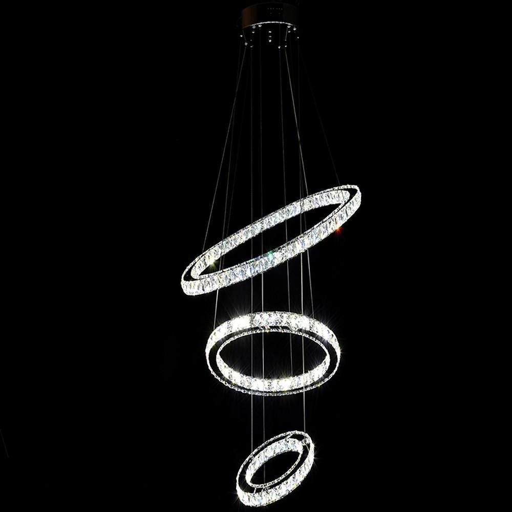 Modern 3 Ring Tiered Crystal LED Chandelier Adjustable Chrome Circle Pendant Light
