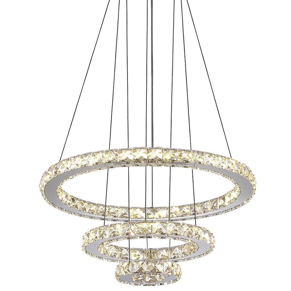 Modern 3 Ring Tiered Crystal LED Chandelier Adjustable Chrome Circle Pendant Light