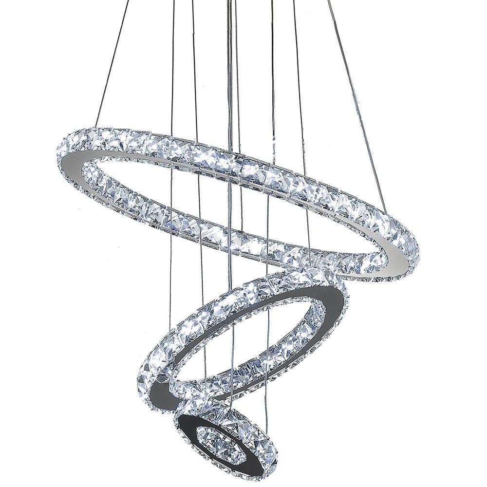 Modern 3 Ring Tiered Crystal LED Chandelier Adjustable Chrome Circle Pendant Light