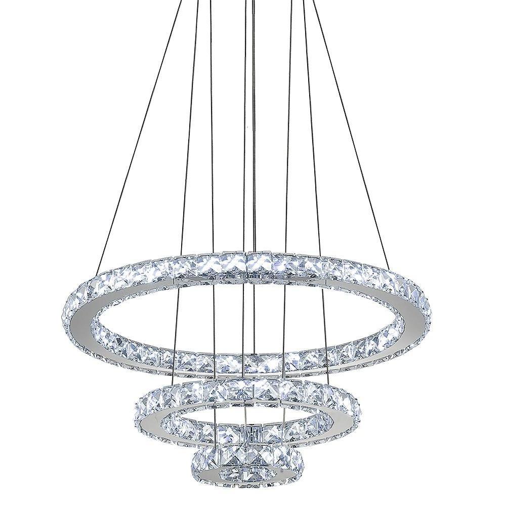 Modern 3 Ring Tiered Crystal LED Chandelier Adjustable Chrome Circle Pendant Light