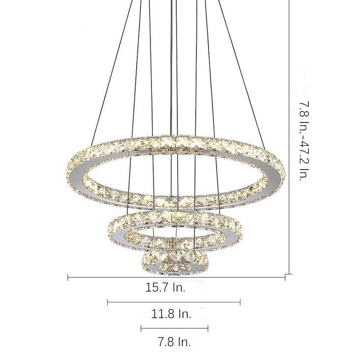 Modern 3 Ring Tiered Crystal LED Chandelier Adjustable Chrome Circle Pendant Light