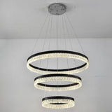 Modern 3 Tier Crystal Ring LED Chandelier Black Round Adjustable Pendant Light