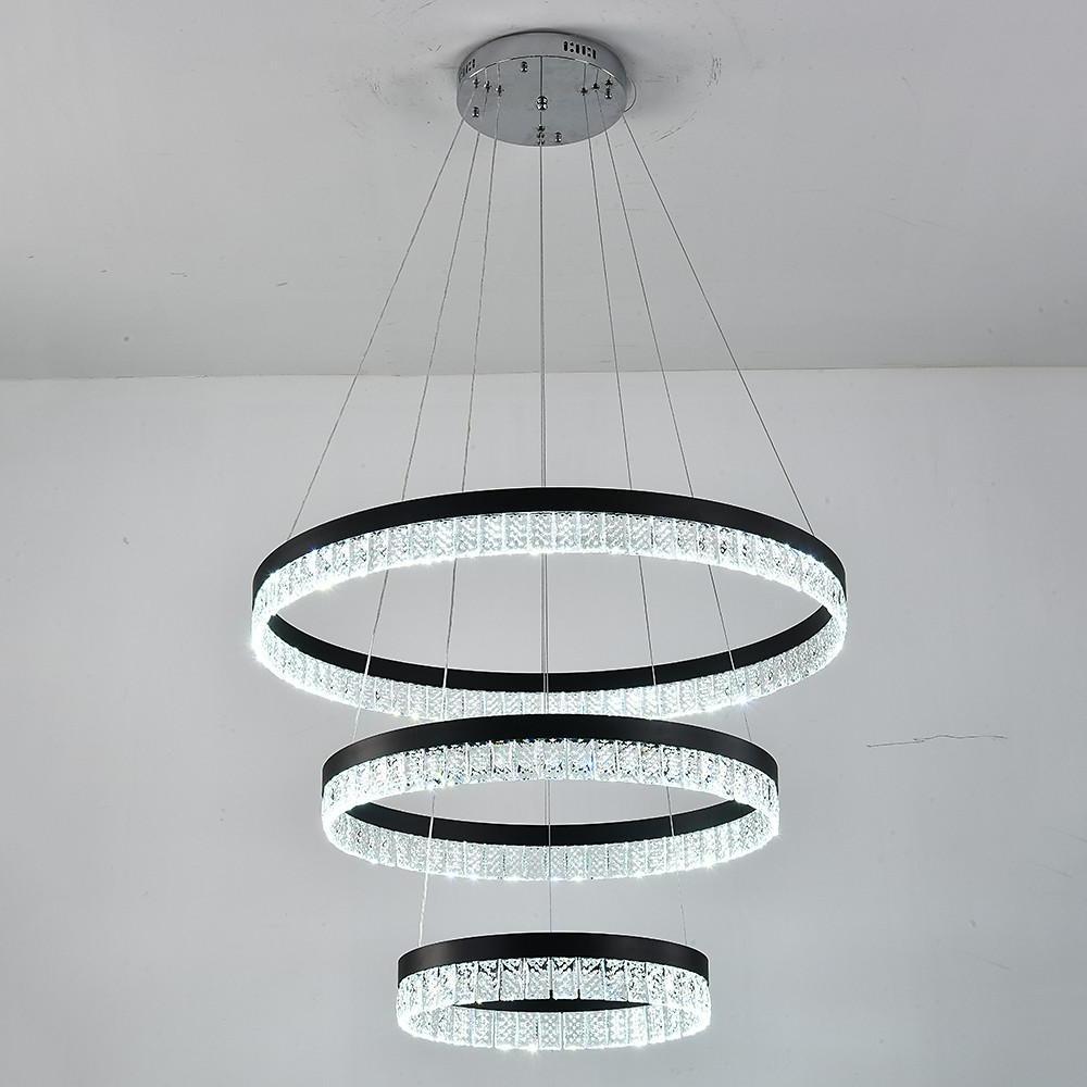 Modern 3 Tier Crystal Ring LED Chandelier Black Round Adjustable Pendant Light