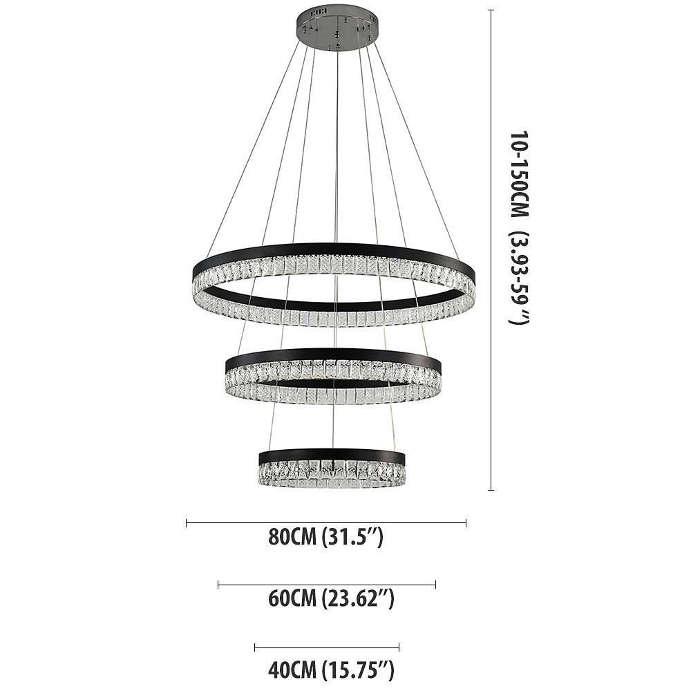 Modern 3 Tier Crystal Ring LED Chandelier Black Round Adjustable Pendant Light