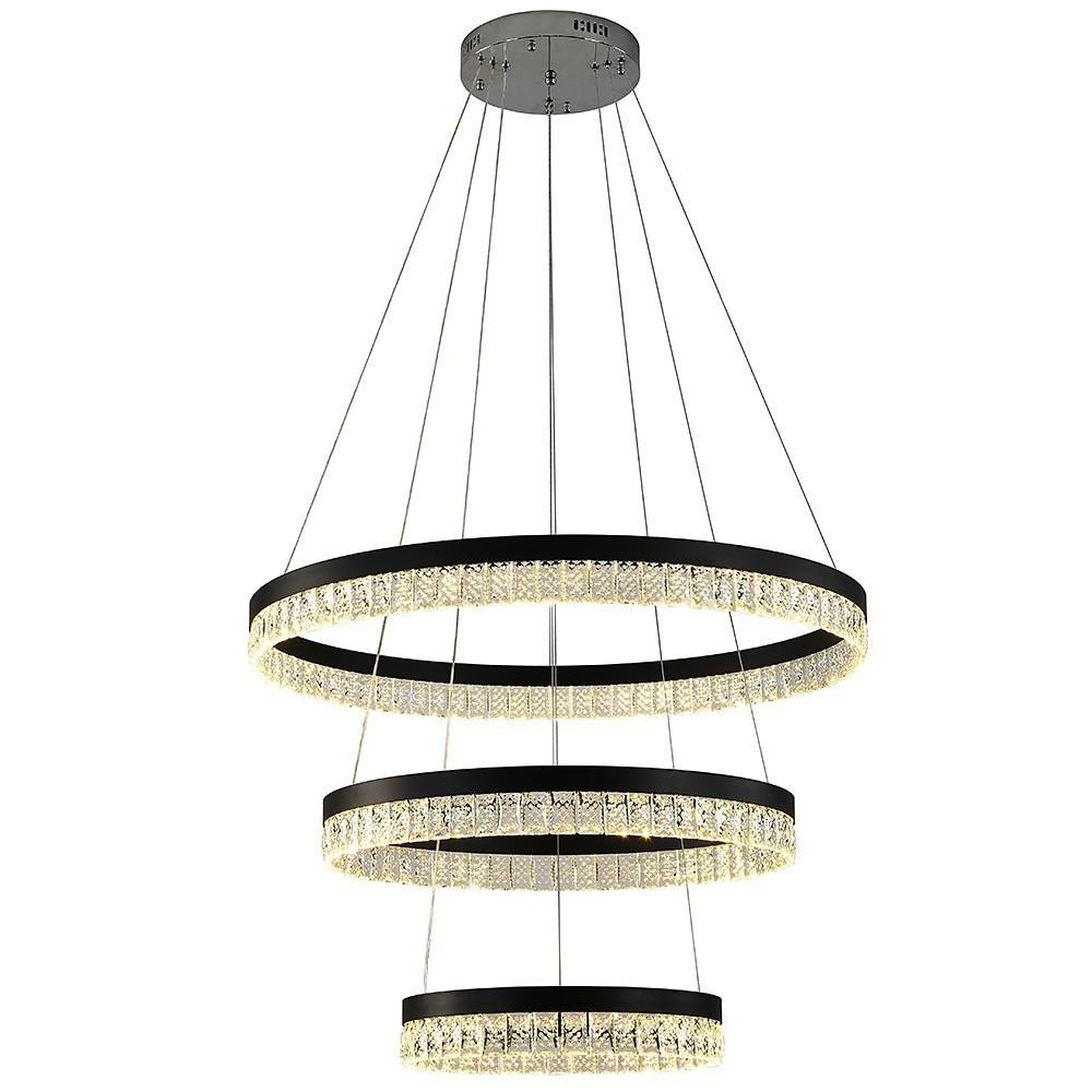 Modern 3 Tier Crystal Ring LED Chandelier Black Round Adjustable Pendant Light