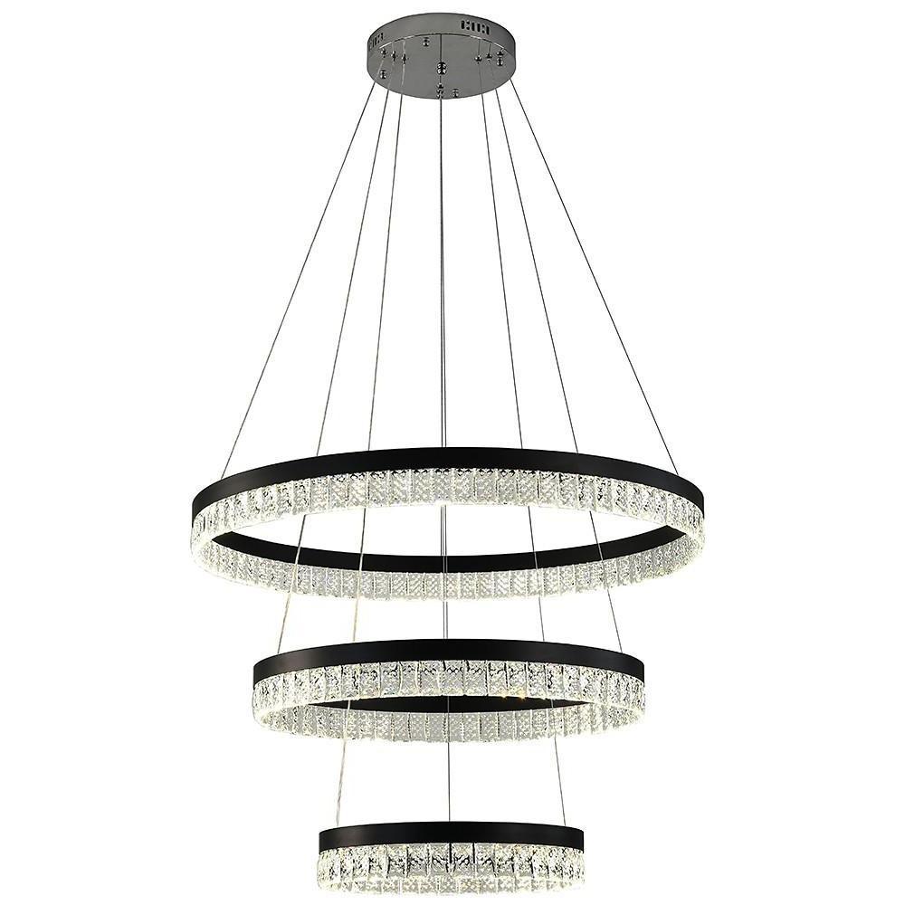 Modern 3 Tier Crystal Ring LED Chandelier Black Round Adjustable Pendant Light