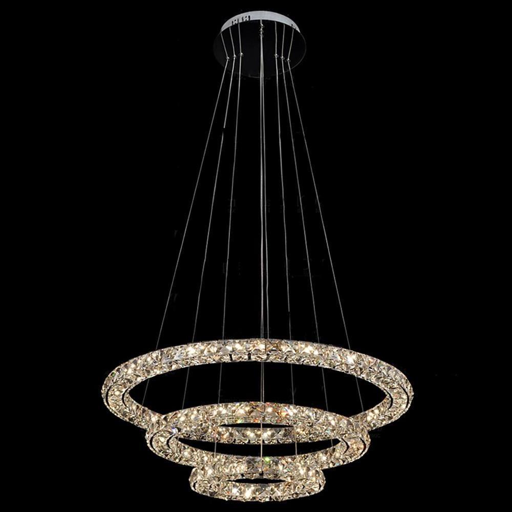 Modern 3 Tier Gold Crystal LED Ring Chandelier Concentric Circles Pendant Light Fixture