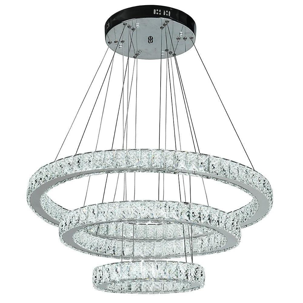 Modern 3 Tier LED Crystal Ring Chandelier Chrome Finish Luxury Pendant Light