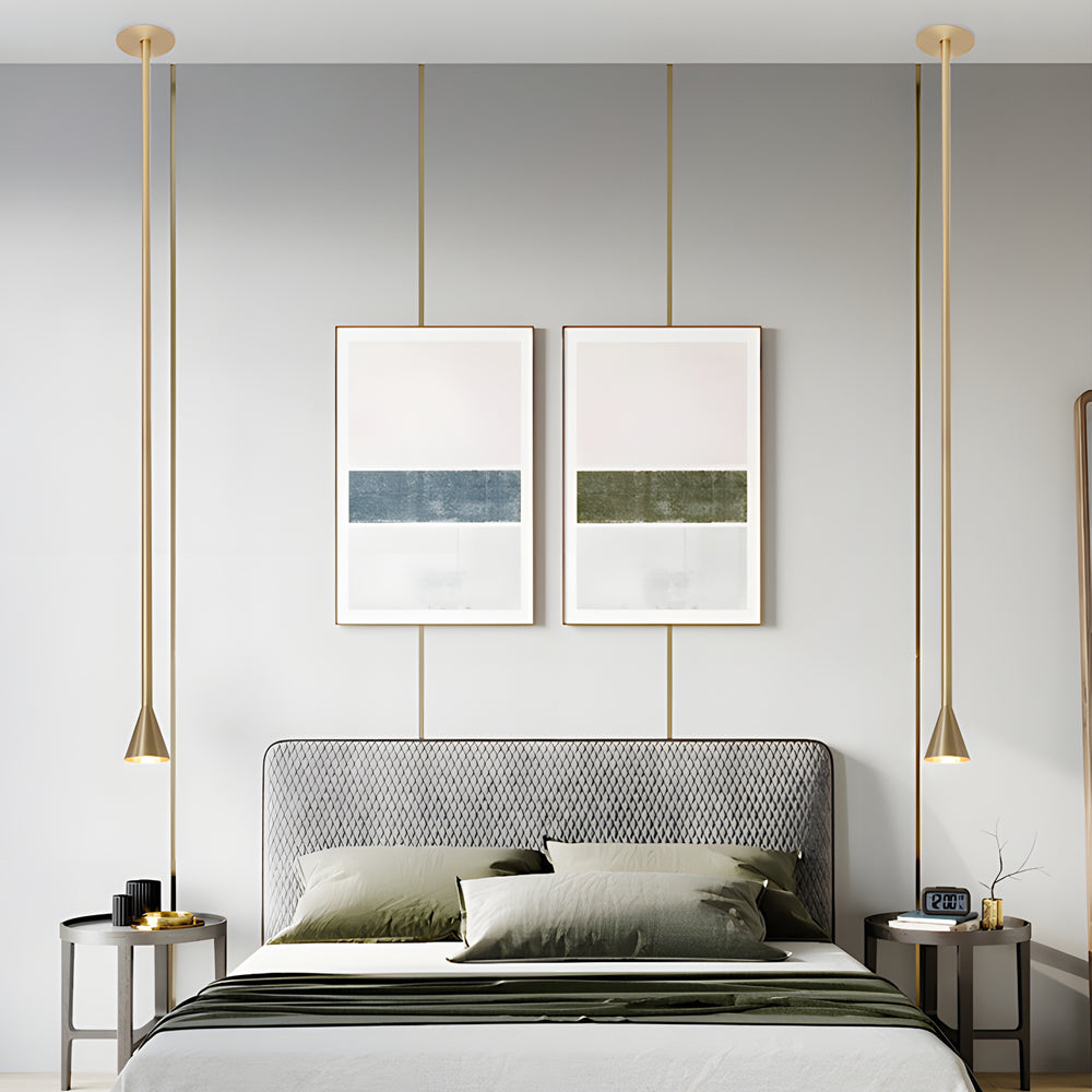 Modern 39 Inch Long Vertical Tube Pendant Light Gold Iron Cone Hanging Lamp for Bedside