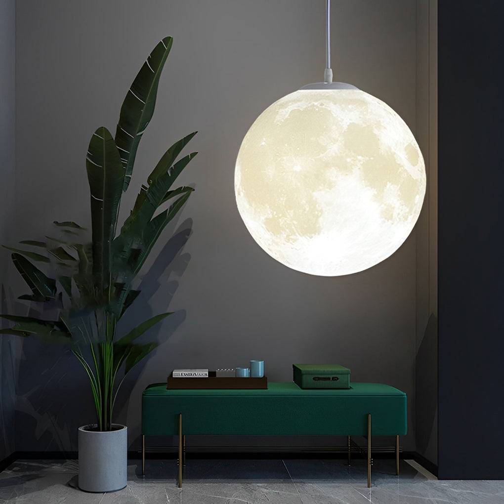 Modern 3D Printed Moon Pendant Light White Lunar Ceiling Lamp for Bedroom and Dining Room