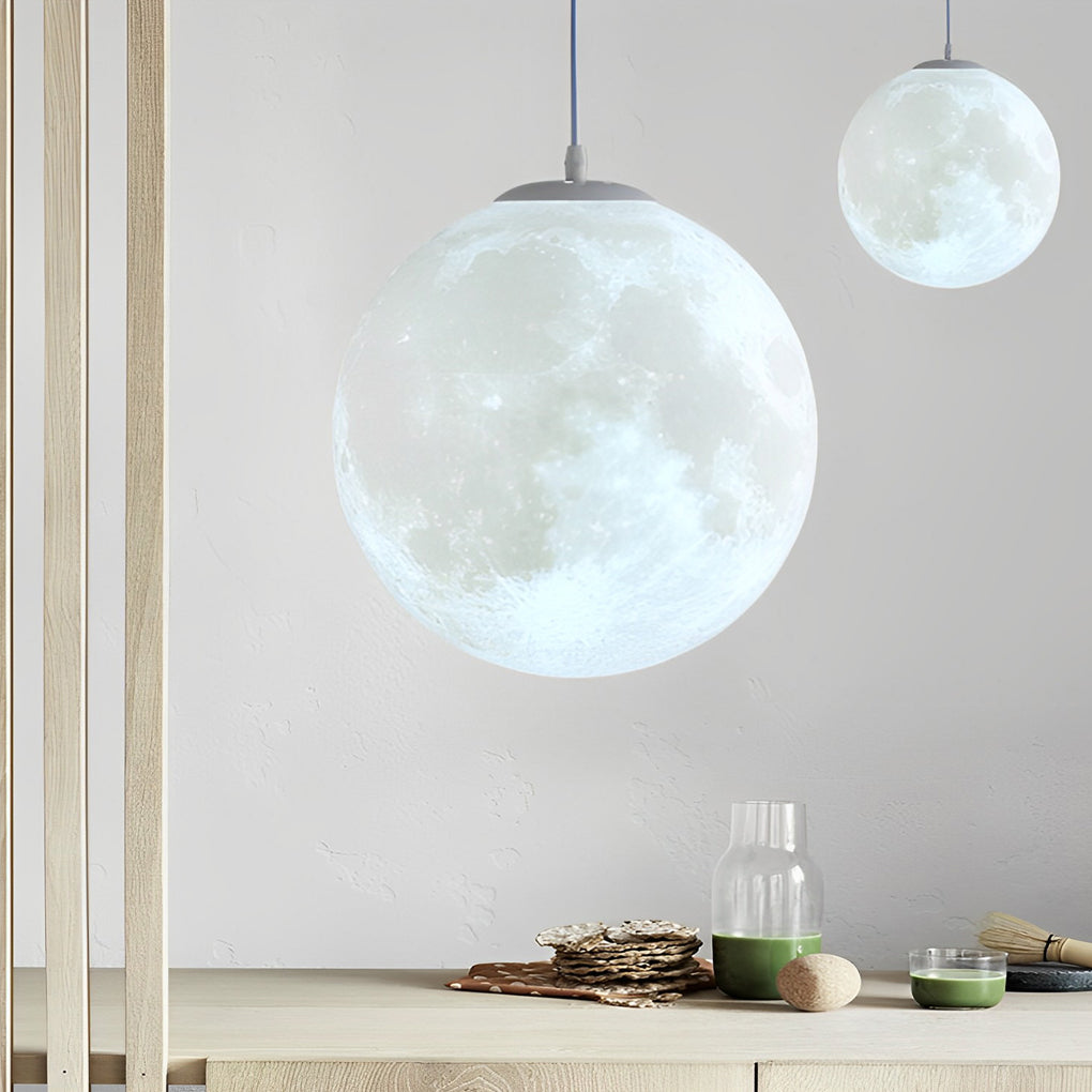 Modern 3D Printed Moon Pendant Light White Lunar Ceiling Lamp for Bedroom and Dining Room