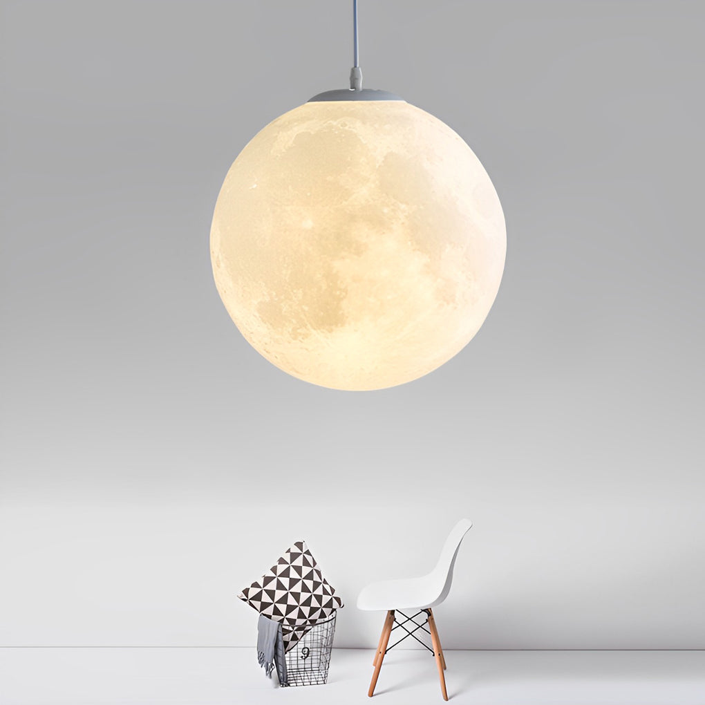 Modern 3D Printed Moon Pendant Light White Lunar Ceiling Lamp for Bedroom and Dining Room