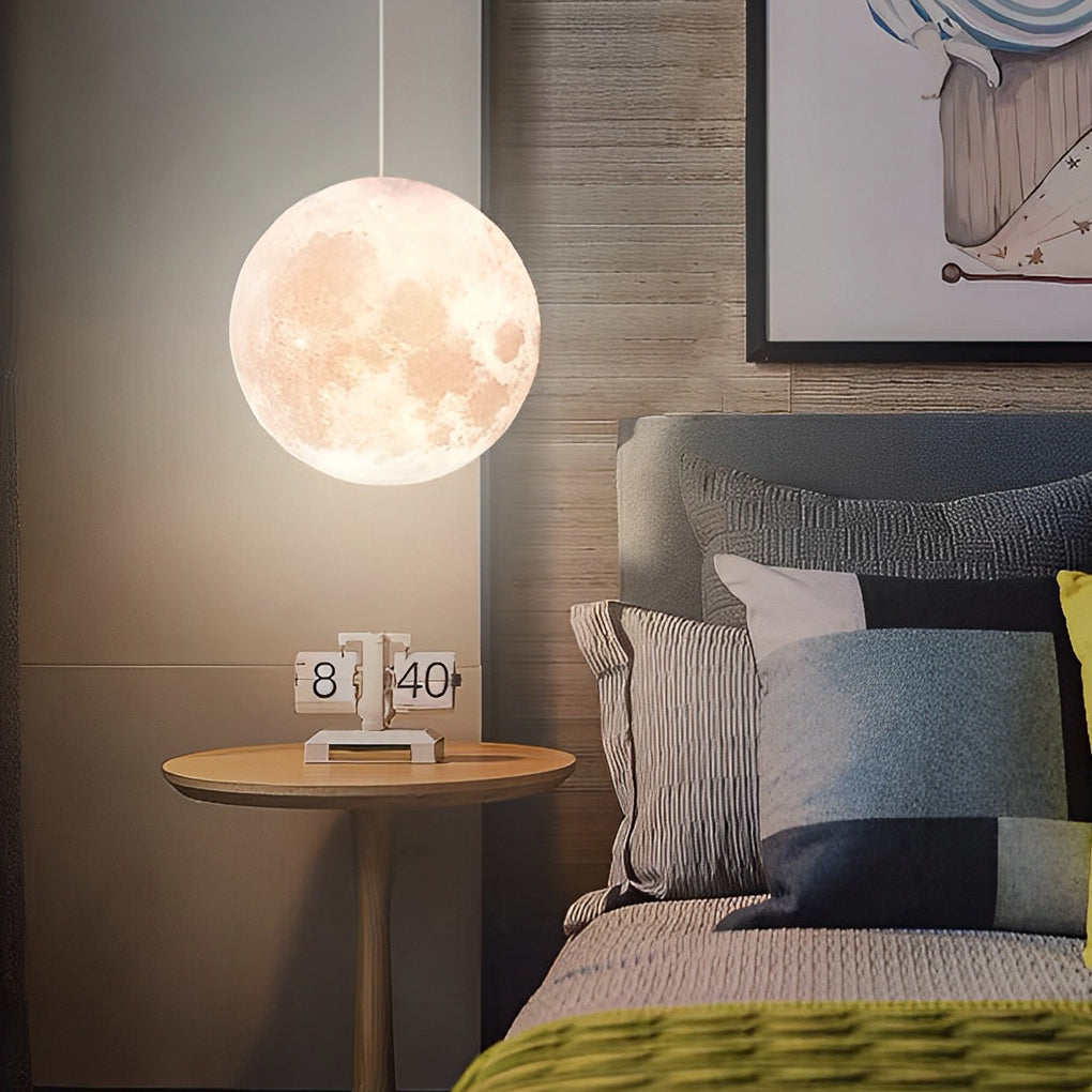 Modern 3D Printed Moon Pendant Light White Lunar Ceiling Lamp for Bedroom and Dining Room