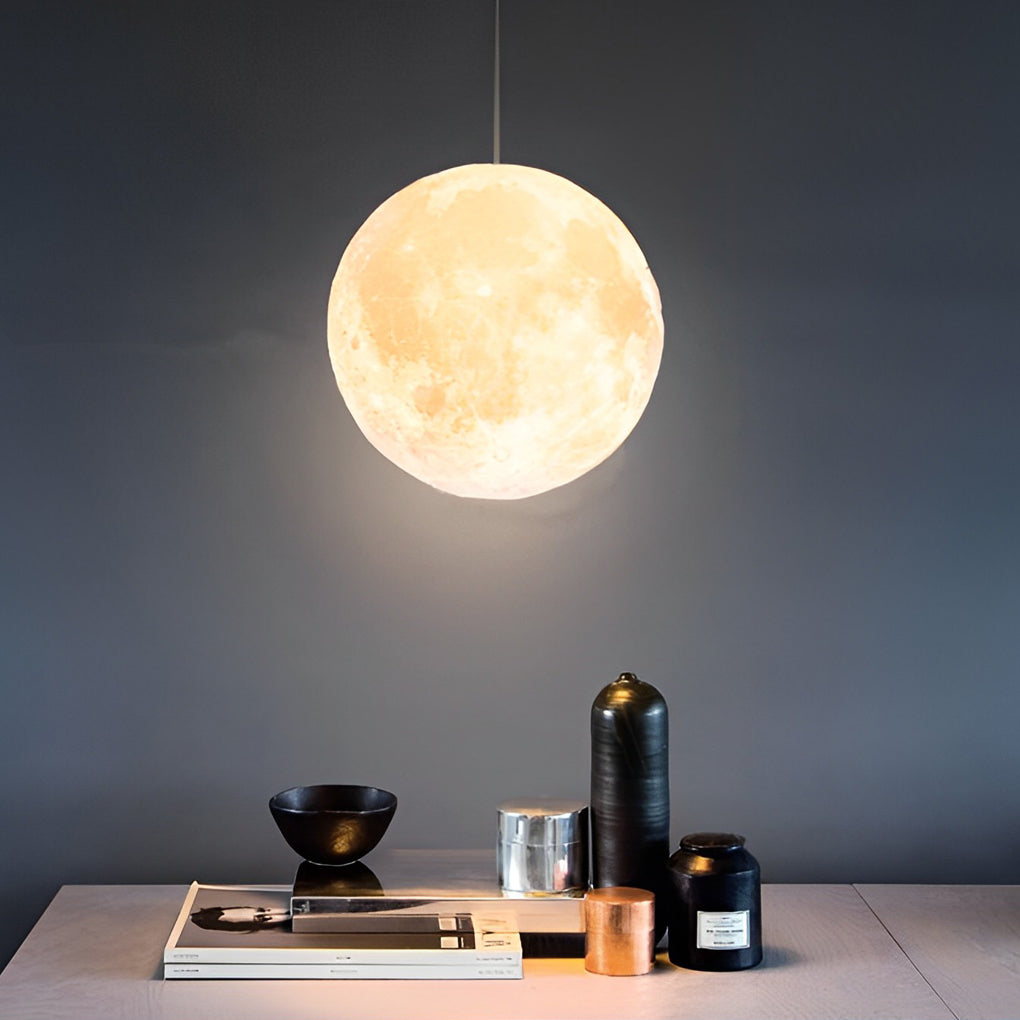 Modern 3D Printed Moon Pendant Light White Lunar Ceiling Lamp for Bedroom and Dining Room