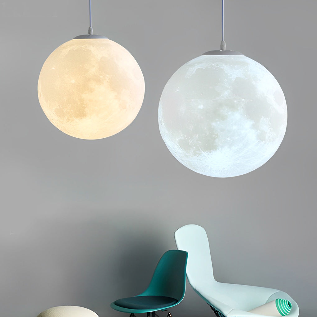 Modern 3D Printed Moon Pendant Light White Lunar Ceiling Lamp for Bedroom and Dining Room