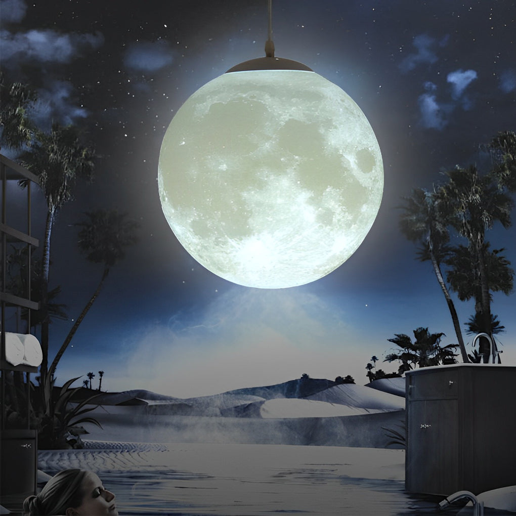 Modern 3D Printed Moon Pendant Light White Lunar Ceiling Lamp for Bedroom and Dining Room
