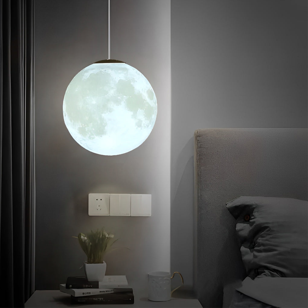 Modern 3D Printed Moon Pendant Light White Lunar Ceiling Lamp for Bedroom and Dining Room