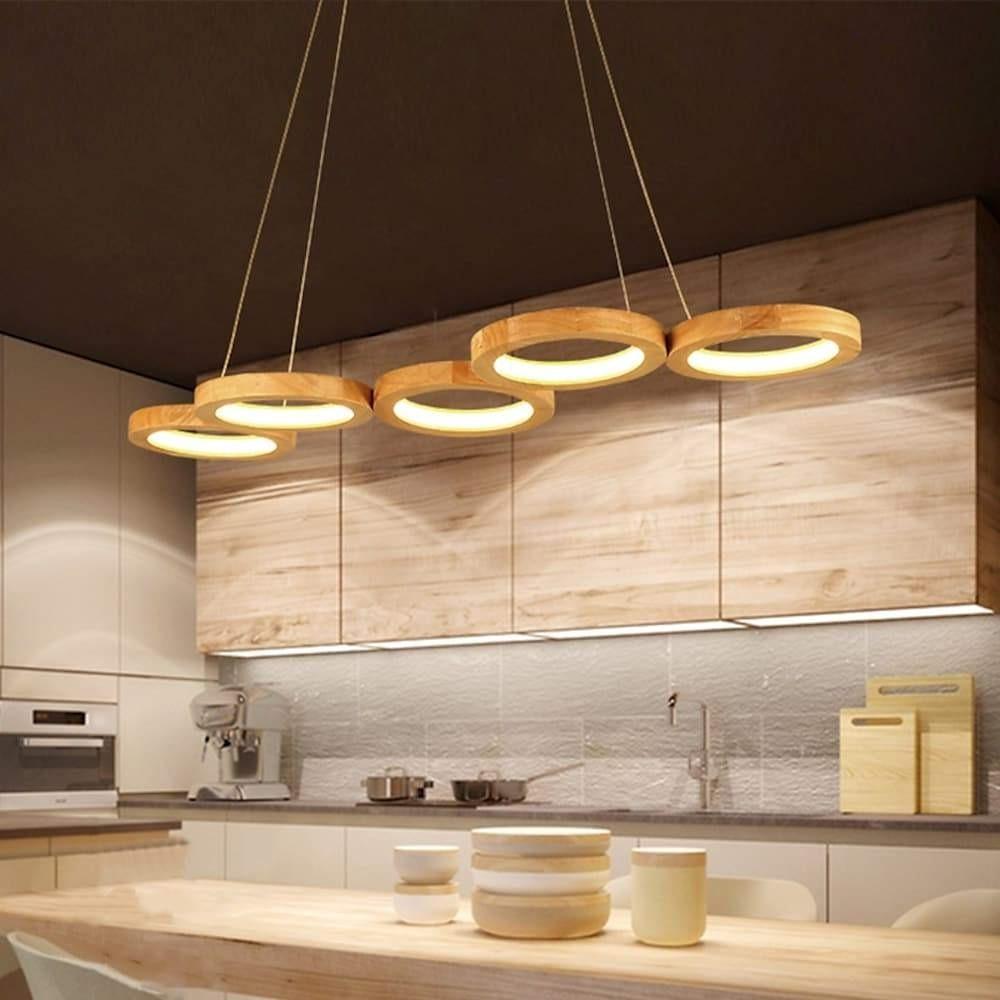 Modern 4 Circle LED Pendant Light Bamboo Wood and Acrylic Dining Room Ceiling Fixture
